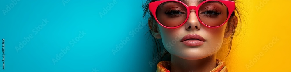 Stylish Woman in Red Cat-Eye Sunglasses Against Vibrant Blue and Yellow Background Stylish Woman in Red Cat-Eye Sunglasses Against Vibrant Blue and Yellow Background