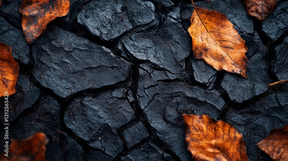 Cracked black asphalt with scattered autumn leaves Cracked black asphalt with scattered autumn leaves