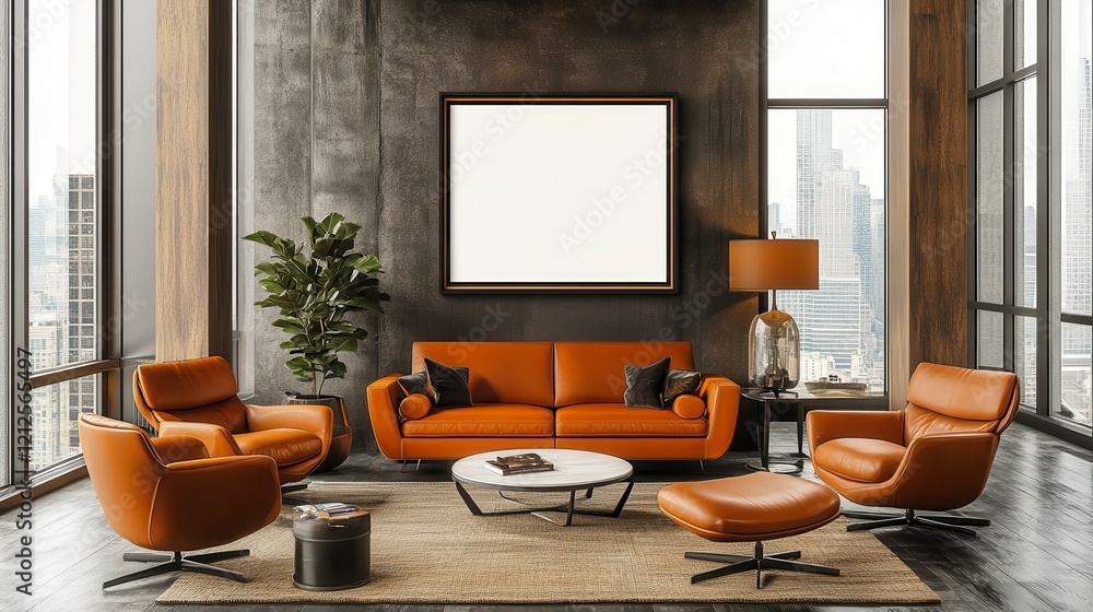 Modern Luxury Living Room Interior Design with Orange Leather Sofa and Armchairs Blank Canvas Modern Luxury Living Room Interior Design with Orange Leather Sofa and Armchairs Blank Canvas