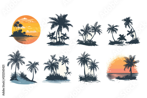 beach, mountain, graphic design, palm, tree, sea, sun, island, travel, ocean, sky, water, sunset, silhouette, sand, palm tree, holiday, paradise, palms