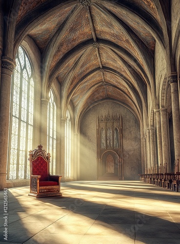 A grand hall with high arched ceilings  adorned in medieval architecture and surrounded by towering stone walls.