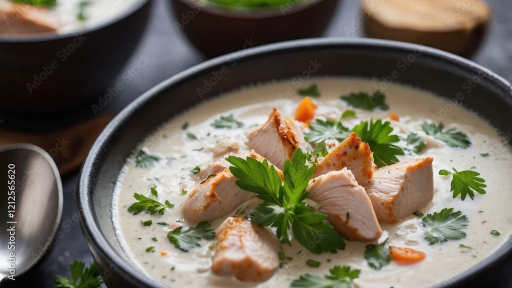 A bowl of creamy chicken soup garnished with herbs and vegetables. A bowl of creamy chicken soup garnished with herbs and vegetables.