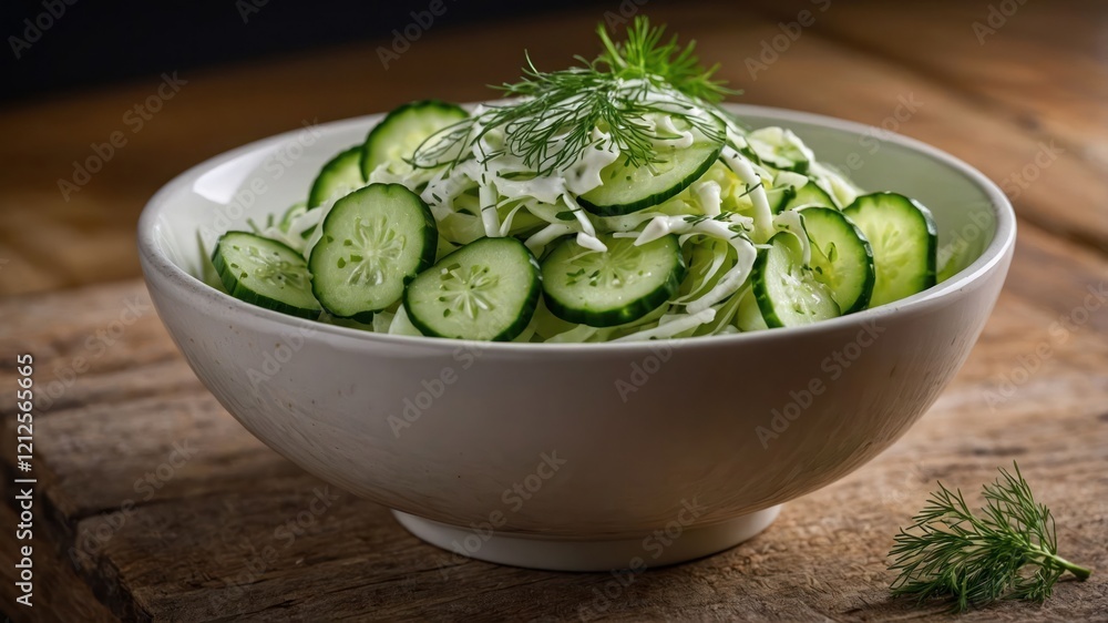 A fresh cucumber and cabbage salad garnished with dill in a white bowl on a wooden surface. A fresh cucumber and cabbage salad garnished with dill in a white bowl on a wooden surface.