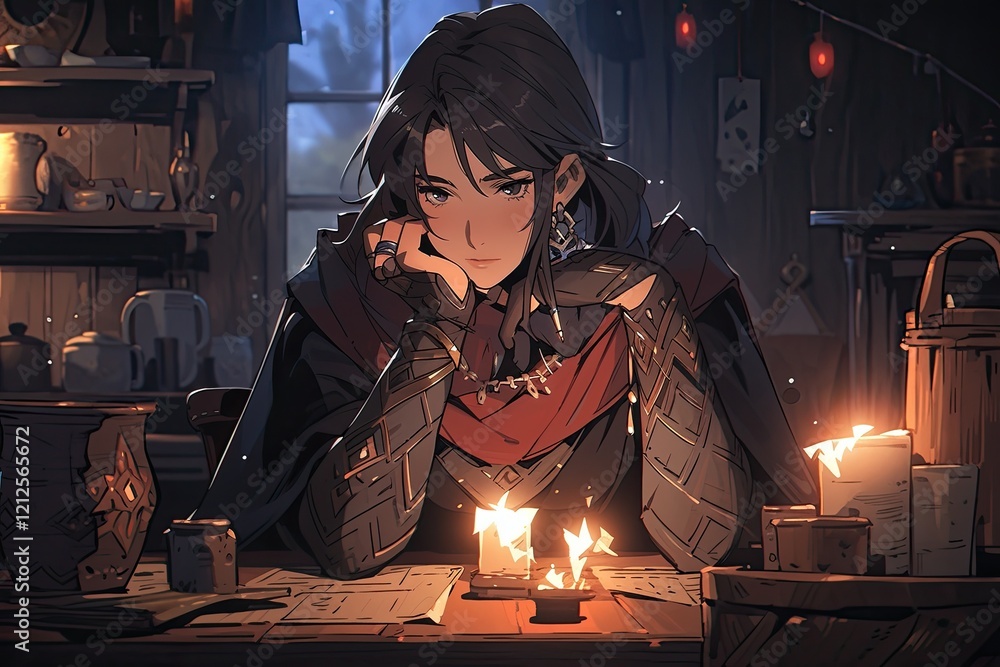 Fototapeta premium anime female rogue in a tavern, illustration