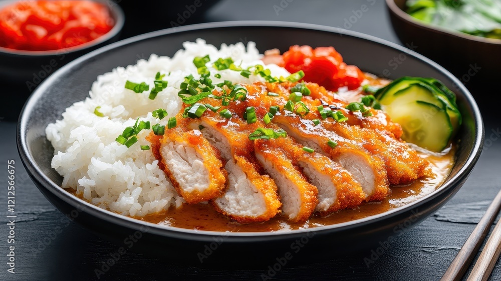 Deliciously Golden Chicken Cutlet Served on White Rice with Fresh Vegetables, Garnished with Spring Onions in a Traditional Asian Bowl, Perfect for Food Photography Deliciously Golden Chicken Cutlet Served on White Rice with Fresh Vegetables, Garnished with Spring Onions in a Traditional Asian Bowl, Perfect for Food Photography