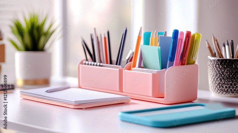 Fototapeta premium A close-up of a desk organizer filled with pens, sticky notes, and a planner, showcasing an organized approach to productivity and time management.