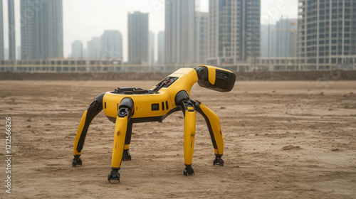 robotic dog in construction site, showcasing advanced technology and design. This innovative machine is ready to assist in various tasks, highlighting its capabilities in urban environments