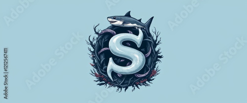 Shark logo with letter S in underwater wreath design photo