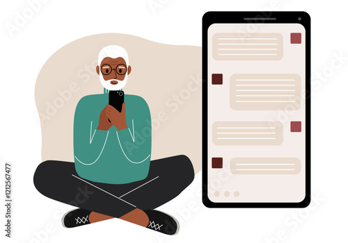 A man sits and holds a phone. The correspondence is visible on the screen. Concept of chat, sms, service, technical support. Vector flat illustration.