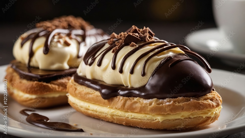 Two delicious chocolate eclairs topped with cream and chocolate drizzle on a white plate. Two delicious chocolate eclairs topped with cream and chocolate drizzle on a white plate.