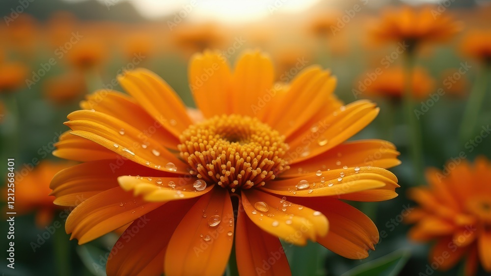 Close-up of an orange marigold flower with dew drops in sunlight Close-up of an orange marigold flower with dew drops in sunlight