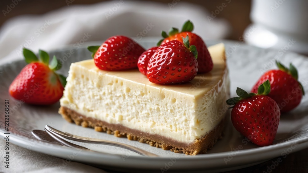 A slice of cheesecake topped with fresh strawberries on a decorative plate. A slice of cheesecake topped with fresh strawberries on a decorative plate.