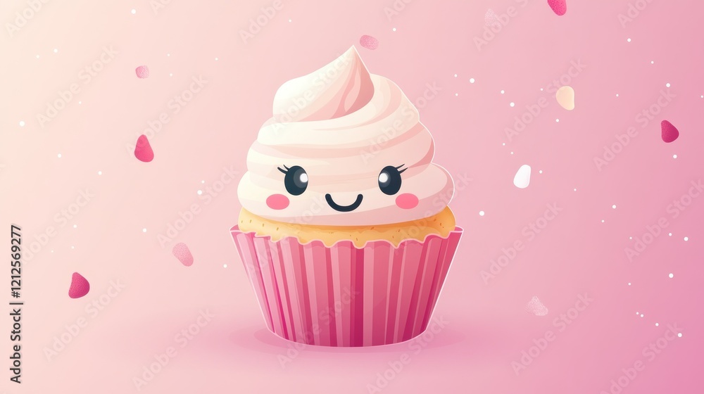 Cute smiling cupcake with pink frosting and decorative sprinkles background