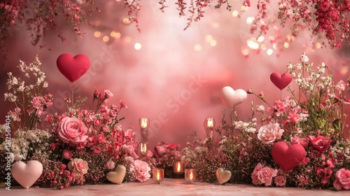 Valentine Hearts concept. Romantic Valentine's Day Floral Arrangement with Hearts.