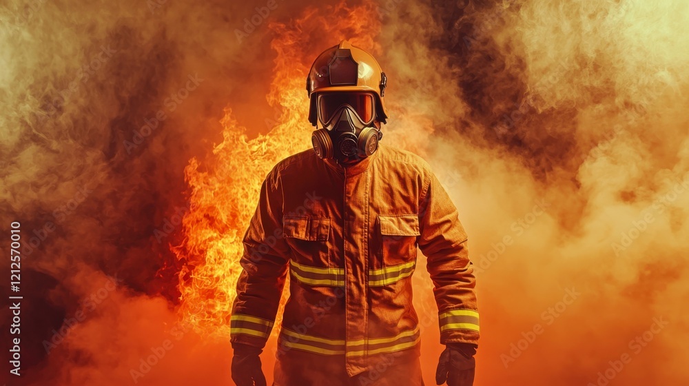 Brave firefighter in protective gear standing against blazing flames in smoky environment showcasing courage and heroism Brave firefighter in protective gear standing against blazing flames in smoky environment showcasing courage and heroism