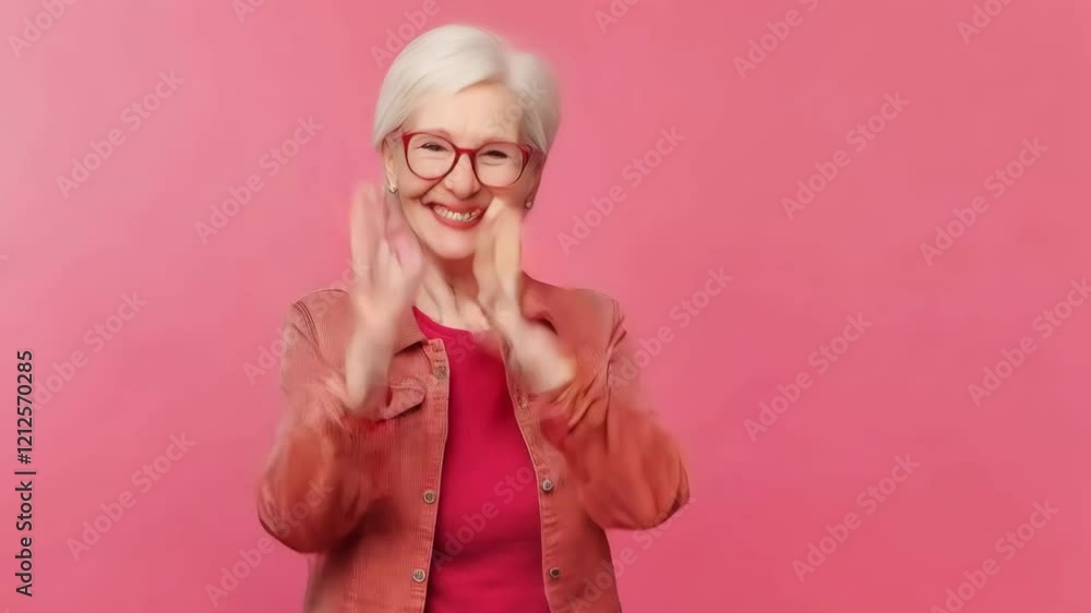 Cheerful elderly woman clapping and smiling in joyful pink background Cheerful elderly woman clapping and smiling in joyful pink background