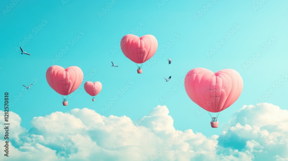 Fototapeta premium Whimsical floating heart-shaped hot air balloons in a bright blue sky with fluffy clouds and birds