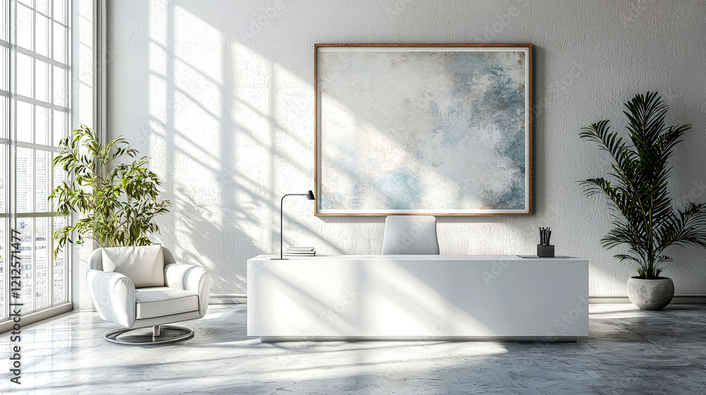 Fototapeta premium Modern Minimalist Office Interior Design: Sunlight, Plants, and Clean White Aesthetics