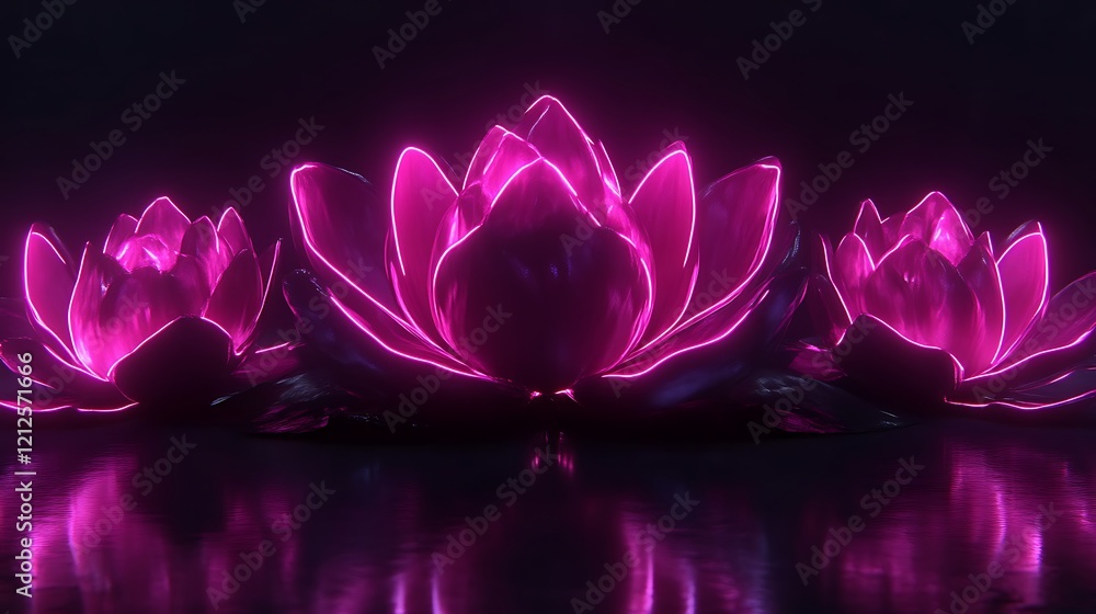 Three Neon Pink Lotus Flowers Reflecting in Water Three Neon Pink Lotus Flowers Reflecting in Water