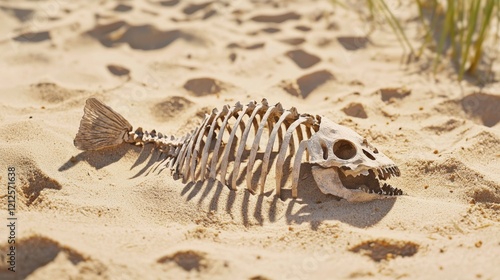 Fascinating Fish Skeleton Lying on Sandy Beach with Sunlight Casting Shadows and Revealing Intricate Details photo