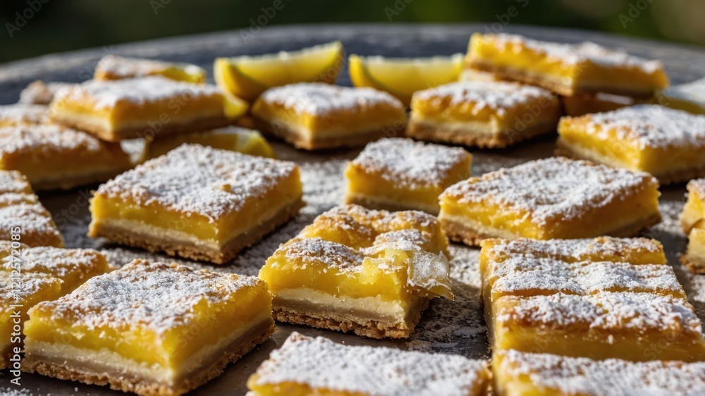 A plate of lemon bars dusted with powdered sugar, garnished with lemon wedges. A plate of lemon bars dusted with powdered sugar, garnished with lemon wedges.