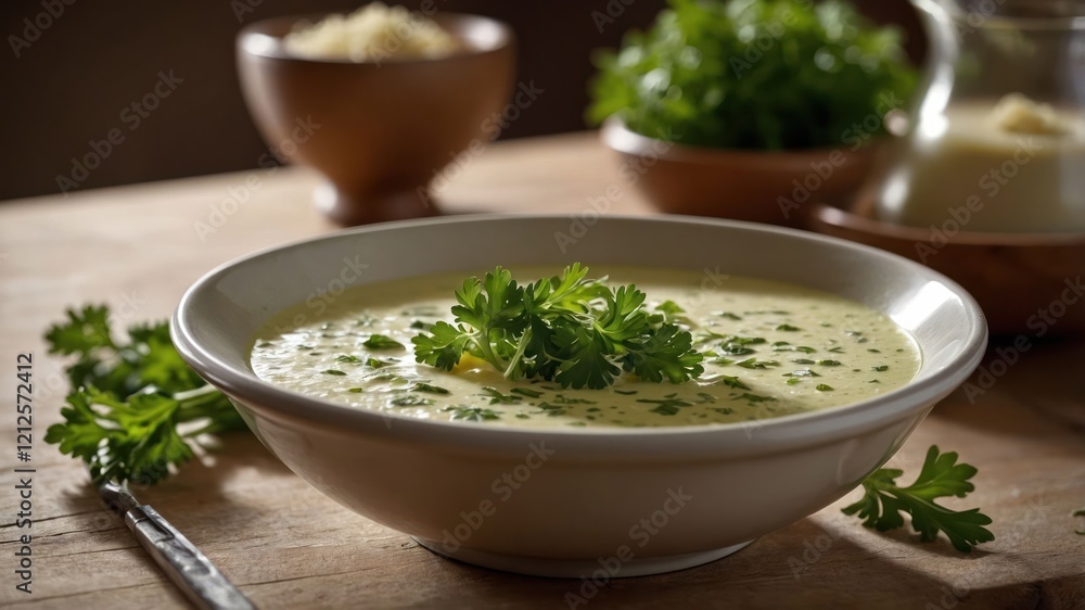 A bowl of creamy soup garnished with fresh herbs, suggesting a comforting meal. A bowl of creamy soup garnished with fresh herbs, suggesting a comforting meal.