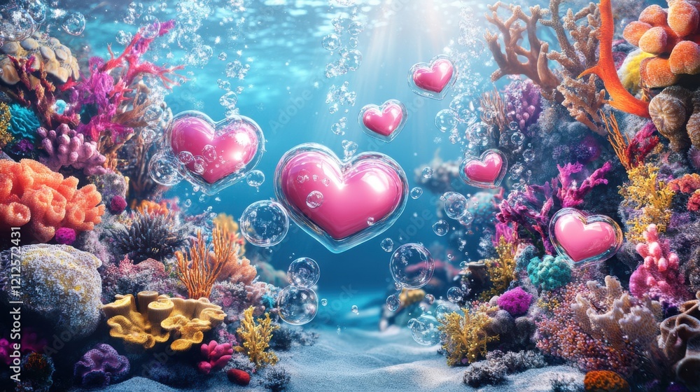 Playful sea creatures celebrate valentine's day underwater coral reef whimsical environment colorful viewpoint Playful sea creatures celebrate valentine's day underwater coral reef whimsical environment colorful viewpoint