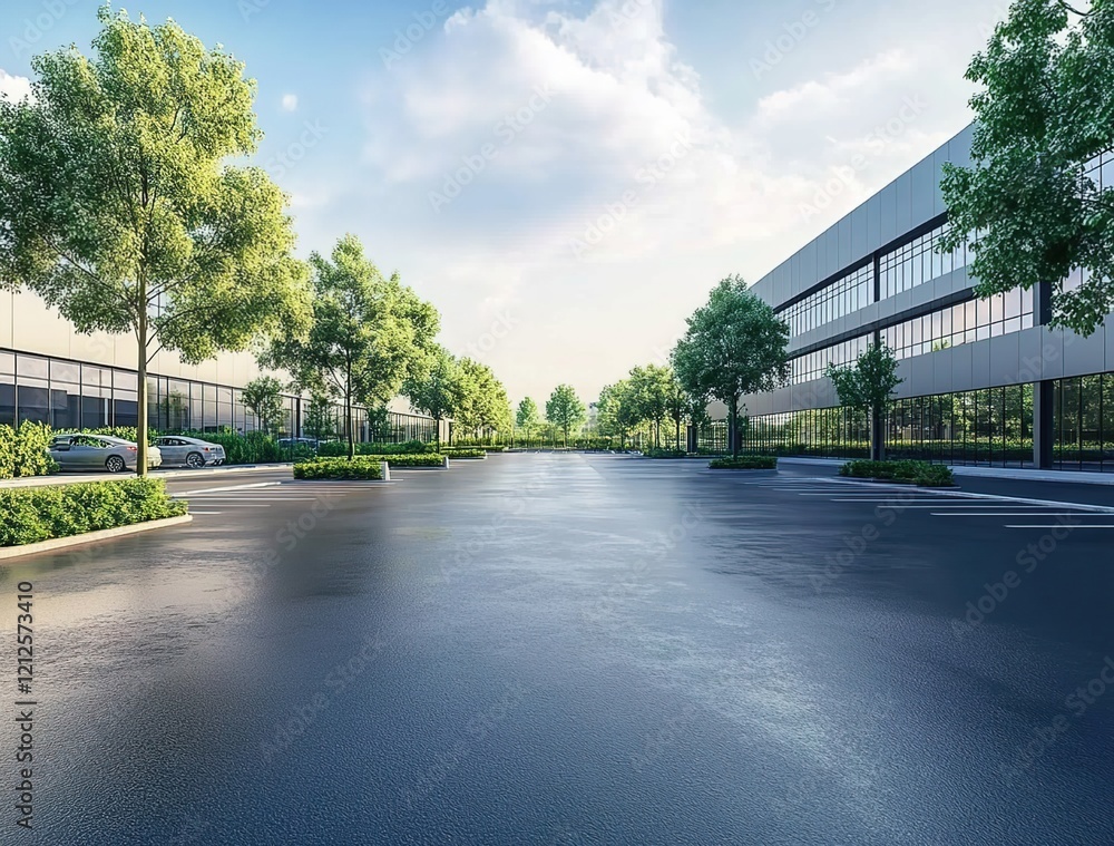 custom made wallpaper toronto digitalA clean and modern industrial park with an empty asphalt road leading to the entrance of one or two large buildings, with trees on both sides of it.