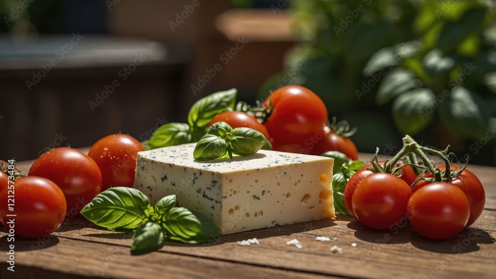 A block of cheese surrounded by fresh tomatoes and basil on a wooden table. A block of cheese surrounded by fresh tomatoes and basil on a wooden table.