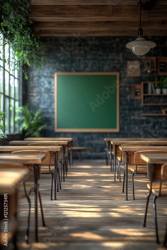 A typical classroom setting with desks and a chalkboard