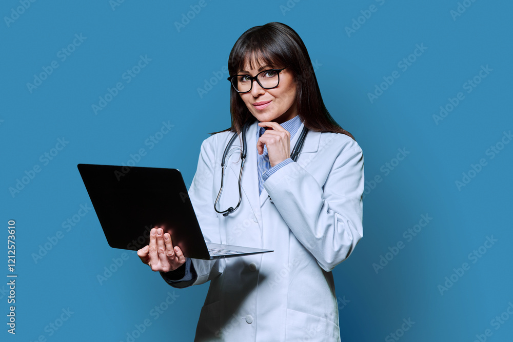 Portrait of female doctor with laptop on blue background Portrait of female doctor with laptop on blue background