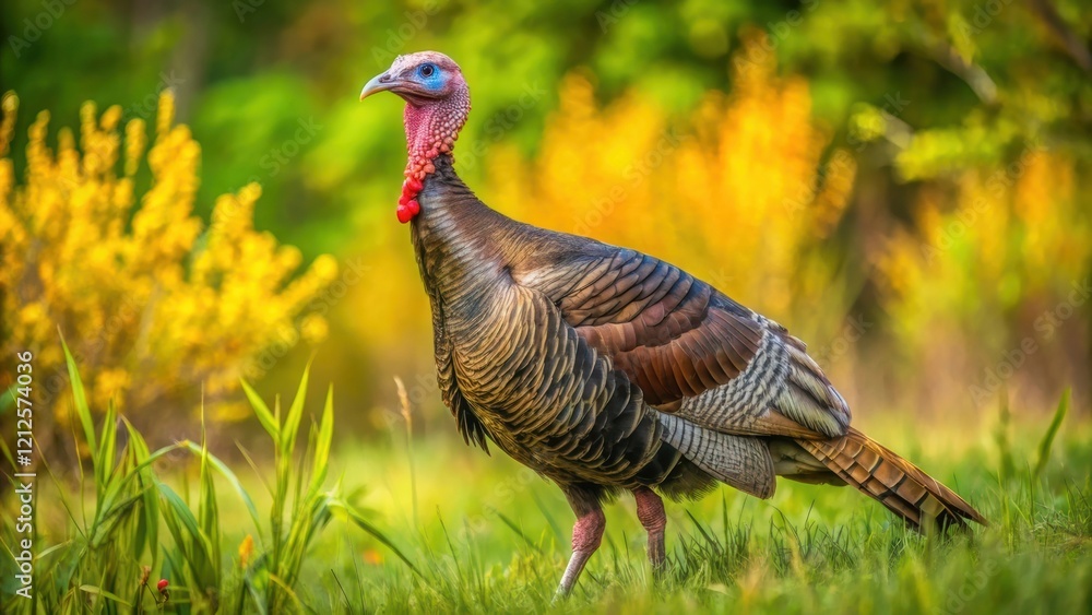 A wild turkey stands gracefully amidst vibrant green grass and yellow foliage, showcasing its distinctive plumage and colorful head. A wild turkey stands gracefully amidst vibrant green grass and yellow foliage, showcasing its distinctive plumage and colorful head.