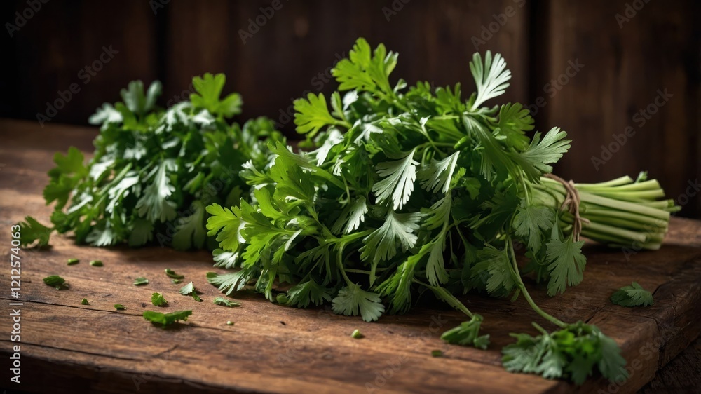 Fresh cilantro bunch on a wooden surface, ideal for culinary use. Fresh cilantro bunch on a wooden surface, ideal for culinary use.