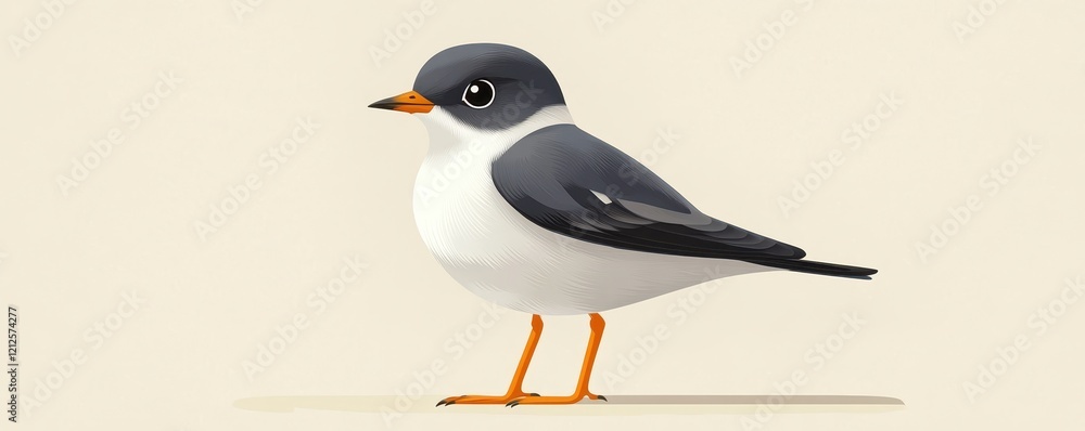 Fototapeta premium Illustration of a Small Cute Bird with Dark Gray Feathers, White Belly, and Orange Beak and Legs on a Light Background