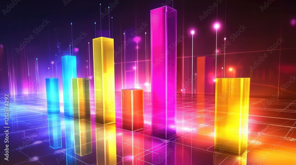 A colorful D bar chart with glowing bars in various heights, floating in a futuristic digital environment, representing business growth and data analysis. A colorful D bar chart with glowing bars in various heights, floating in a futuristic digital environment, representing business growth and data analysis.
