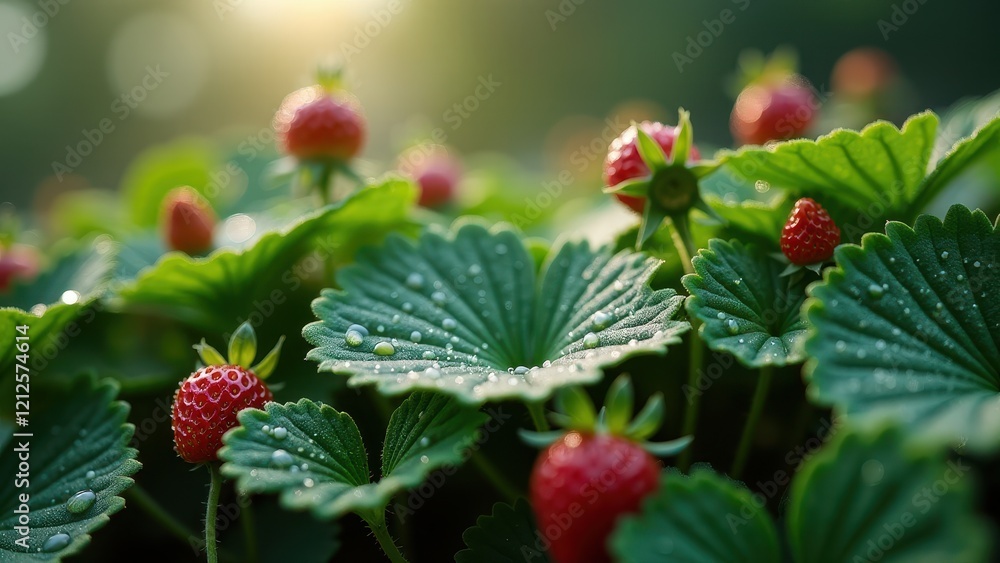 Close-up of strawberry plants with ripe fruit and dew drops in sunlight Close-up of strawberry plants with ripe fruit and dew drops in sunlight