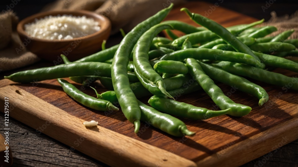 Fresh green beans arranged on a wooden cutting board, ready for cooking or preparation. Fresh green beans arranged on a wooden cutting board, ready for cooking or preparation.