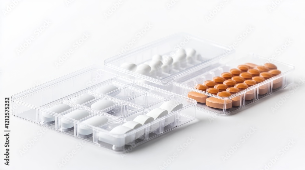 Organized Medication in Clear Containers on White Background Organized Medication in Clear Containers on White Background