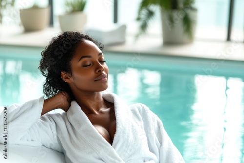 A woman lounges in her bathrobe by the side of a pool, enjoying some relaxation time photo