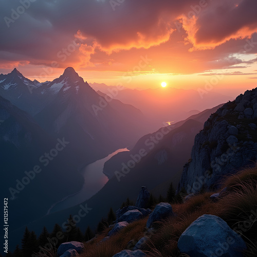 Sublime coucher de soleil au sommet des montagnes photo