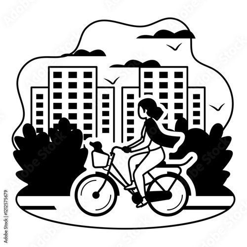 Ownertrainer strolls his pet during ride vector design, Pet foster hotel Symbol, kennel animals Sign, Human-animal interaction scene illustration, girl riding a bike with her dog in the basket concept