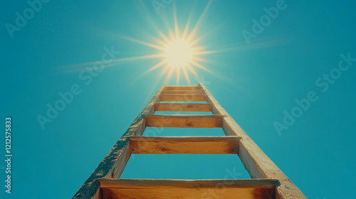 A wooden ladder reaching upwards into a vibrant, clear blue sky, leading toward a brilliant sun, symbolizing ambition, personal growth, and the relentless pursuit of dreams and goals. photo