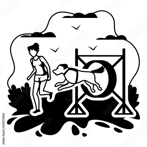 Dog sports vector design, Pet foster and hotel Symbol, kennel animals Sign, Human-animal interaction scene illustration, behavior counselors Giving Specialized training to Doggy concept