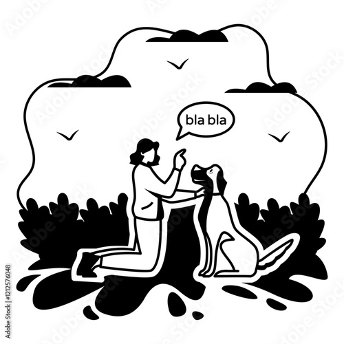 Doggy recognizing human speech vector design, Pet foster and hotel Symbol, kennel animals Sign, Human-animal interaction scene illustration, Female Trainer communicating and Engaging concept