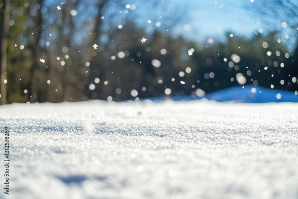A serene snowy field with trees standing tall in the background A serene snowy field with trees standing tall in the background