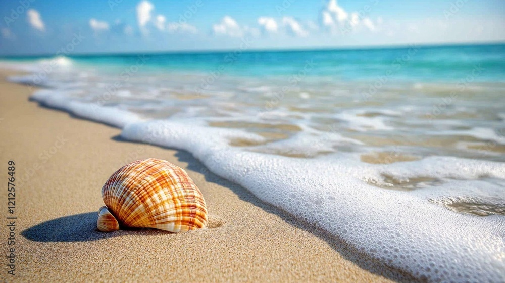 Seashell resting on sandy beach gentle waves turquoise sea tranquil coastal summer atmosphere Seashell resting on sandy beach gentle waves turquoise sea tranquil coastal summer atmosphere