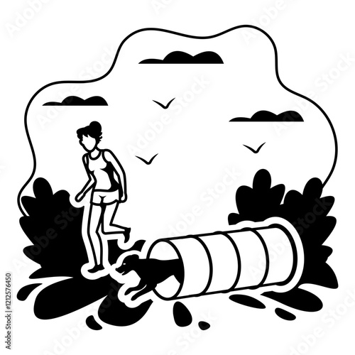 Dog handler working together in competition vector, Pet foster hotel Symbol, kennel animal Sign, Human-animal interaction illustration, Doggy Coming out of Agility Tunnel with his Teacher concept