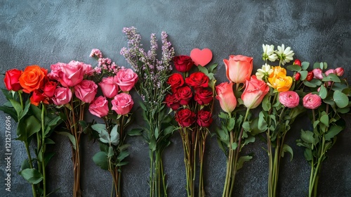 Valentine Hearts concept. Vibrant Bouquet of Roses and Flowers for Valentine's Day.