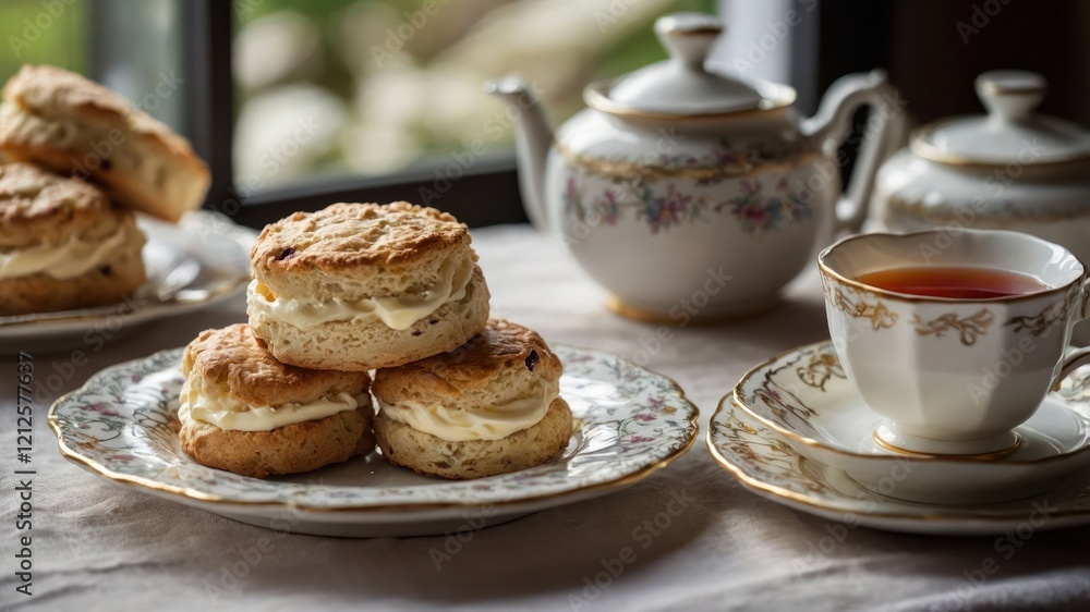 A cozy afternoon tea setting featuring scones, cream, and tea. A cozy afternoon tea setting featuring scones, cream, and tea.