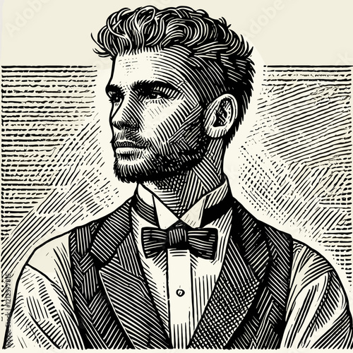 Gentleman in bow tie and vest in vintage woodcut style